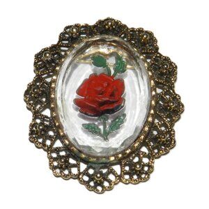 Vintage Intaglio Crystal Glass Reverse Engraved Rose Floral Brooch Pendant